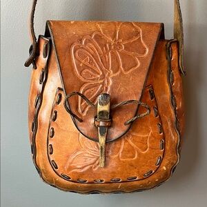 70’s Handcrafted Burnished Brown Leather Crossbody Bag
